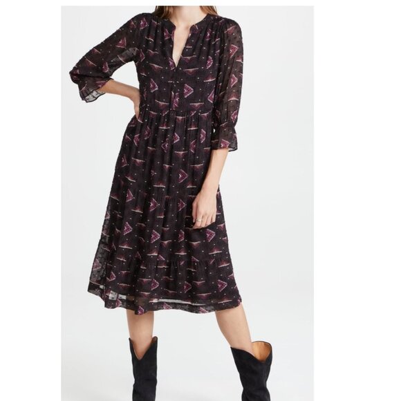 BA&SH Calliope Printed Crepe Midi Dress Black Size 0 - Picture 1 of 14